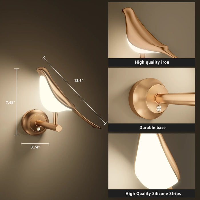 Nordic Modern LED Wall Lamp – Golden Bird Design, 12W Rotatable Sconce for Bedroom, Living Room, Sofa Background, and Indoor Decor