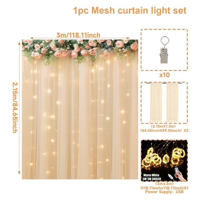 Set of 2 Tulle Backdrop Curtains with Lights – Wedding, Party, Baby Shower, and Photo Shoot