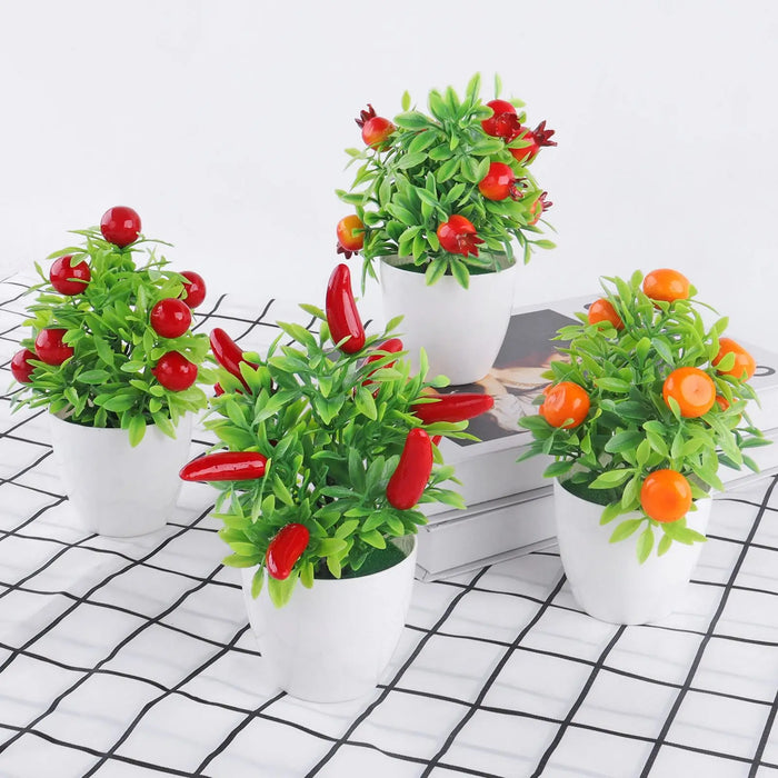 Artificial Bonsai Tree – Potted Orange Pomegranate & Chili Fruit Miniature Plant for Home and Table Decoration