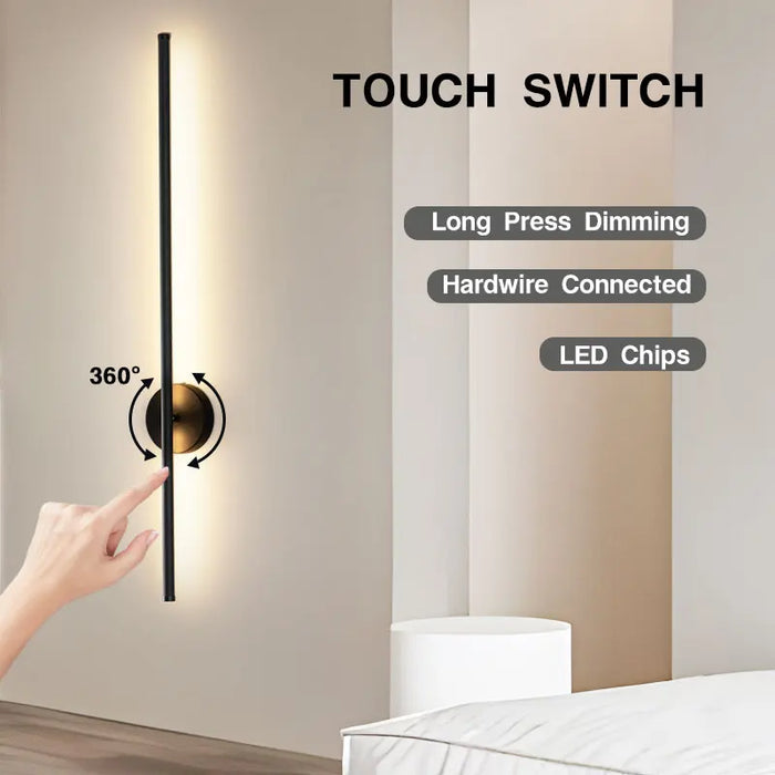 Black Dimmable LED Wall Lamp with Touch Switch – 360° Rotatable Wall Sconce for Bedroom, Living Room, and Indoor Spaces