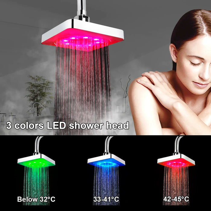 LED Rainfall Shower Head – Ultra-Quiet 7 Colors Gradual Changing with Temperature Sensor, Square Fixed Showerhead for Modern Bathrooms