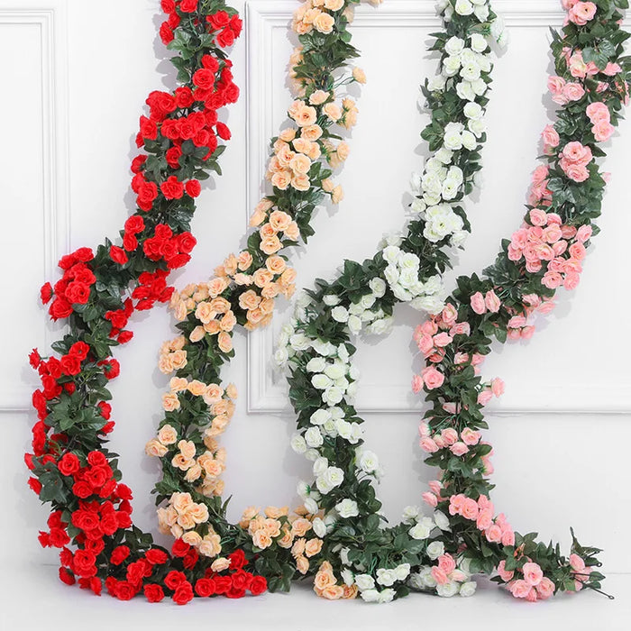 2.5m Artificial Rose Vine Garland – White & Pink Silk Flowers for Wedding, Home, and Room Decor