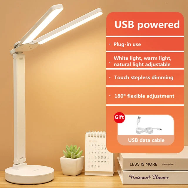 LED Desk Lamp – 3-Level Dimmable Touch Night Light, USB Rechargeable, Foldable Eye Protection Table Lamp for Bedroom, Reading, and Study