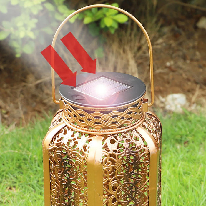 Retro Solar Hanging Lantern – LED Solar Powered Metal Pathway Lamp with Hollow Design for Outdoor Garden, Patio, and Yard Decoration