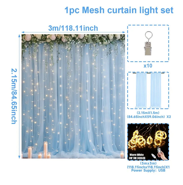 Set of 2 Tulle Backdrop Curtains with Lights – Wedding, Party, Baby Shower, and Photo Shoot