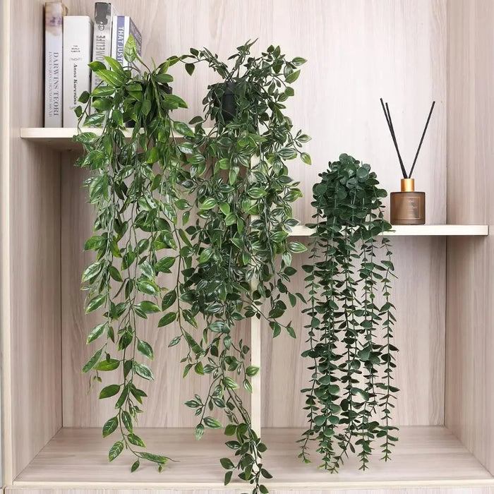 potted hanging artificial plants Artificial Hanging Plants with Pot – 80CM/65CM/83CM Fake Vine Shelf Pl — Clasterior