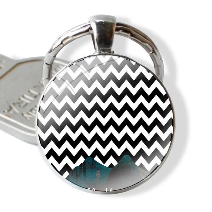 Handmade Glass Cabochon Keychain – Modern Geometric Design, Twin Peaks Black and White Pendant Key Ring Holder