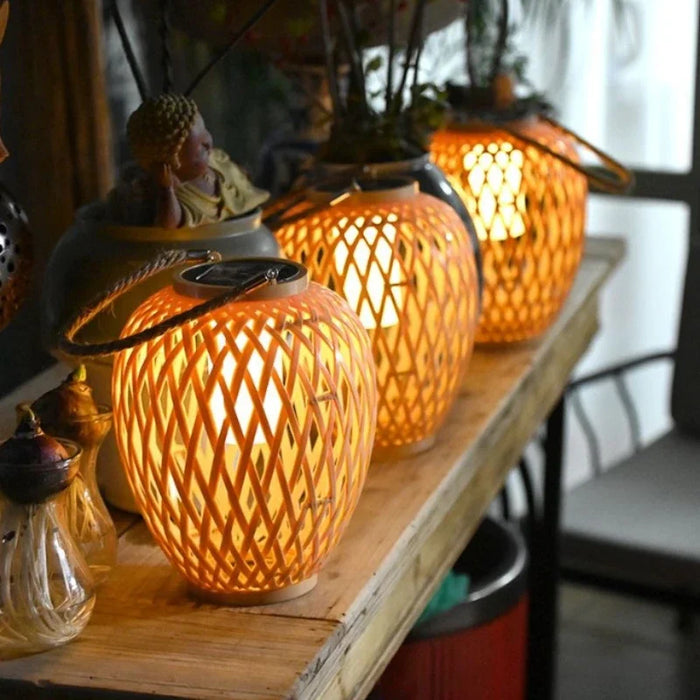 Outdoor Solar Lantern Night Light – Waterproof Hanging Imitation Bamboo Weaving Table Lamp for Garden, Patio, and Party Decoration
