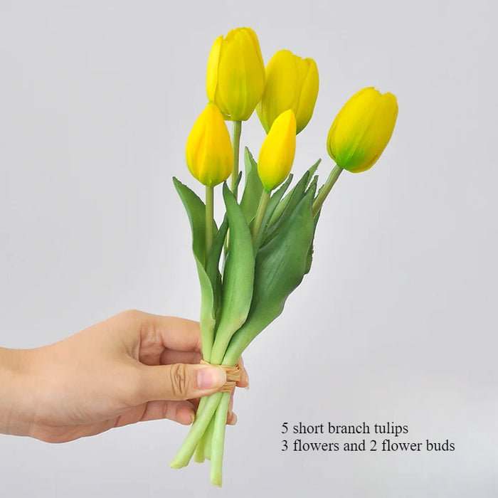 5 Short Pole Tulips Artificial Bouquet – Soft Rubber Silk Tulips for Home Decoration, Weddings, and Photography Props