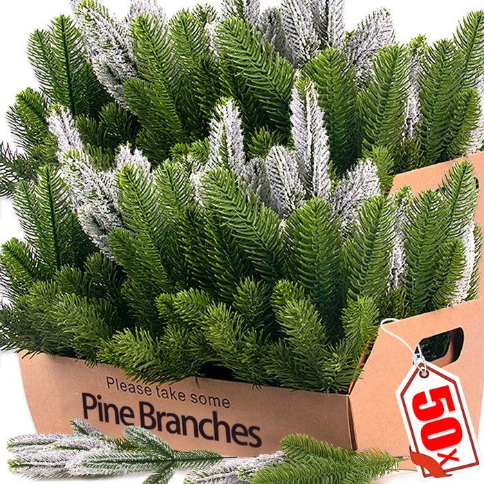 50 Pcs Artificial Green Pine Branches – Lifelike Snow Pine Needles for Christmas Tree, Wreath, and Home Decor