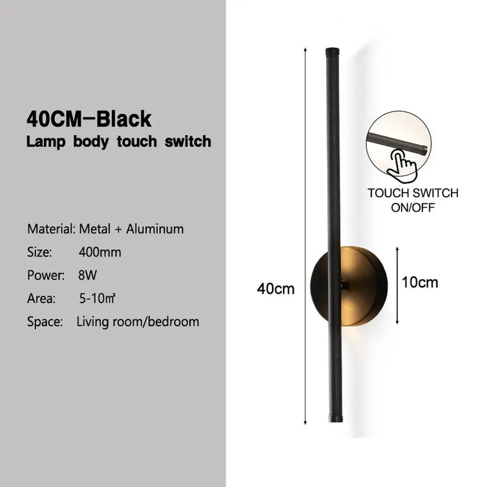 Black Dimmable LED Wall Lamp with Touch Switch – 360° Rotatable Wall Sconce for Bedroom, Living Room, and Indoor Spaces