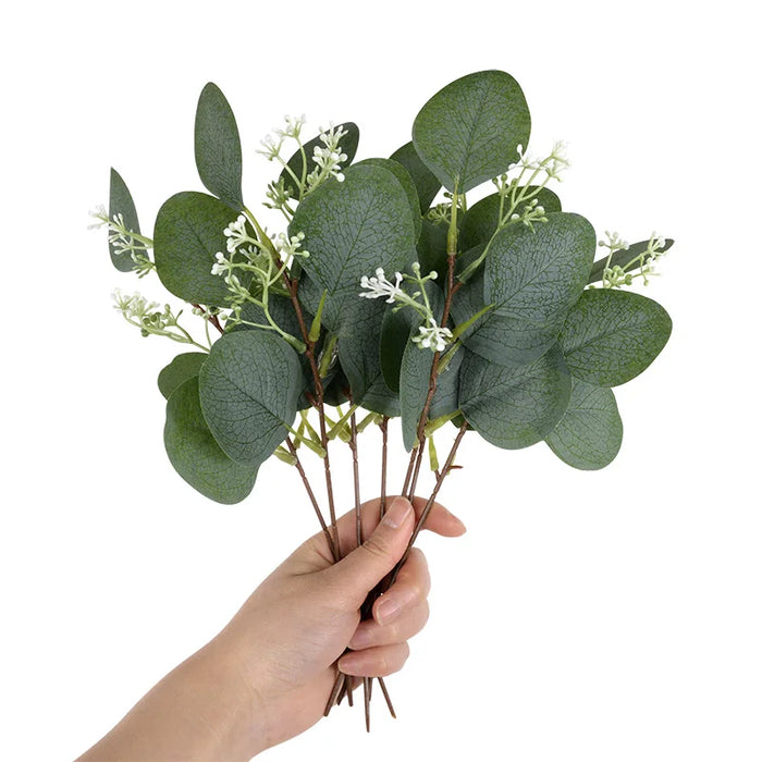 5pcs Artificial Eucalyptus Leaves Branches – Green Fake Plant Bouquet for Wedding, Home Decor, DIY Christmas Wreath, and Gifts