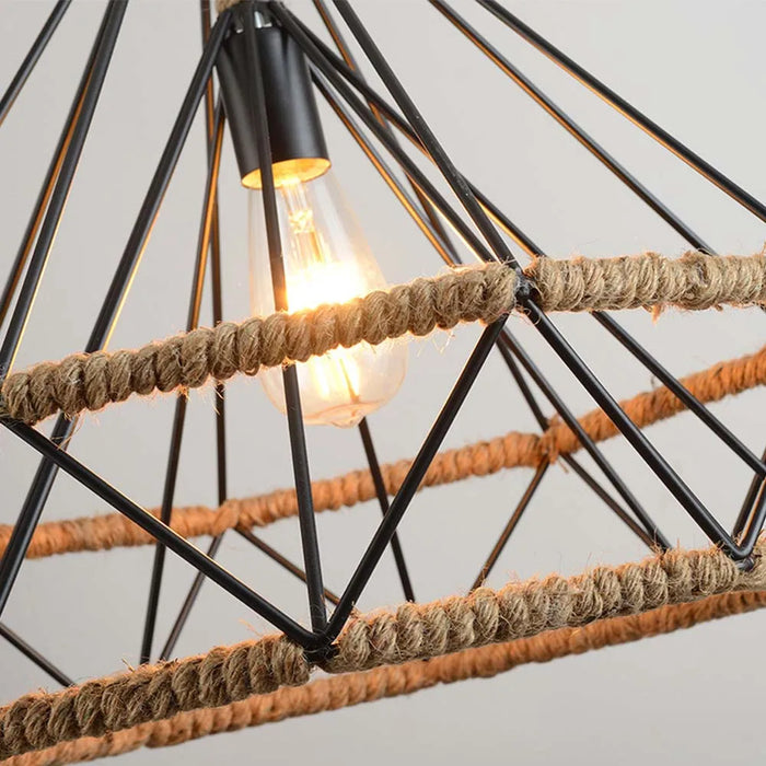 Retro Rope Pendant Lamp with Diamond Iron Cage – Handcrafted Hemp Rope Chandelier for Dining Room, Living Room, and Bedroom