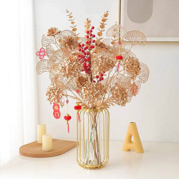 Artificial Golden Ginkgo Leaf & Eucalyptus Flower Arrangement – Perfect for Weddings, Home Decor, Christmas, and Special Occasions