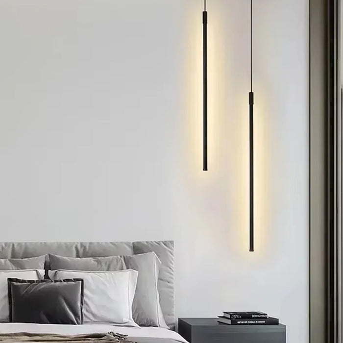 Modern LED Long Pendant Light – Dining Room, Bedroom, Bedside Hanging Lamp – White & Black Line Lighting Fixtures for Home & Hotel Spaces