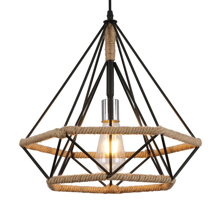 Retro Rope Pendant Lamp with Diamond Iron Cage – Handcrafted Hemp Rope Chandelier for Dining Room, Living Room, and Bedroom