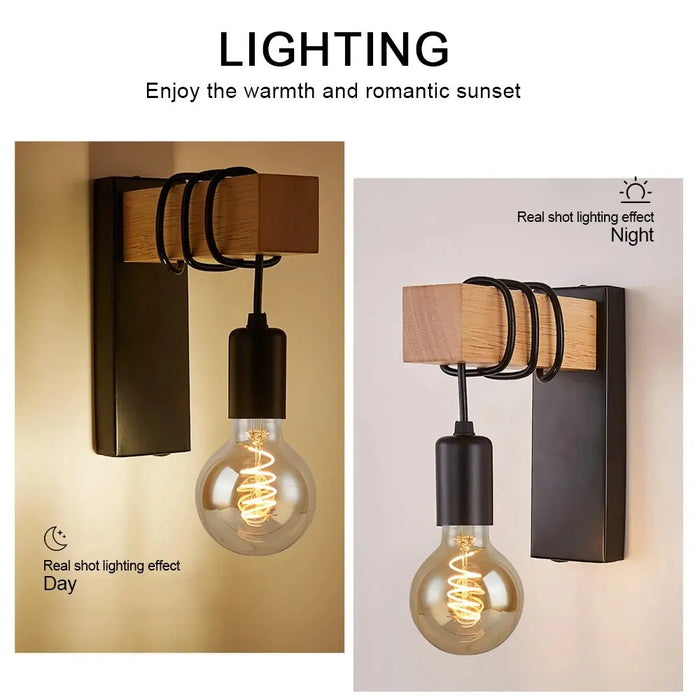 Retro Wood LED Wall Lamp – Vintage E27 Industrial Loft Light for Bedroom, Bathroom & Restaurant