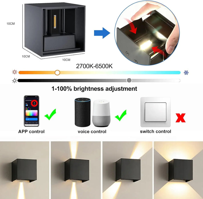 Smart LED Wall Lamp – WIFI & App Control, RGB-CW Color Changing, 2700-6500K, Adjustable Cube Design, IP65 Waterproof, Alexa & Google Compatible