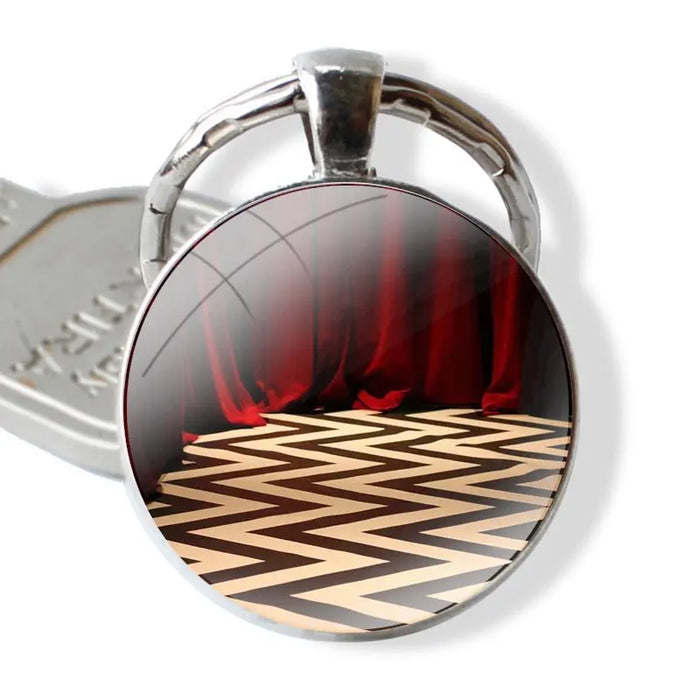 Handmade Glass Cabochon Keychain – Modern Geometric Design, Twin Peaks Black and White Pendant Key Ring Holder