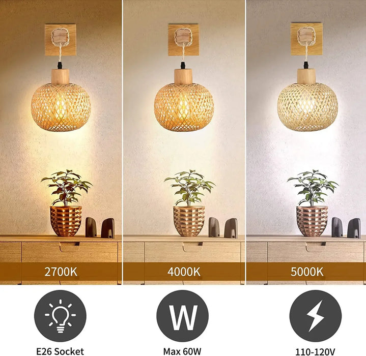 Retro Japanese Bamboo Wall Lamp – Rattan Lighting for Bedroom, Kitchen, Dining Room, and Farmhouse Decor