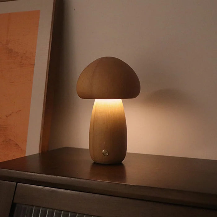 Cute Mushroom LED Night Light – Wooden Bedside Table Lamp with Touch Switch, Adjustable Brightness, and Portable USB Charging