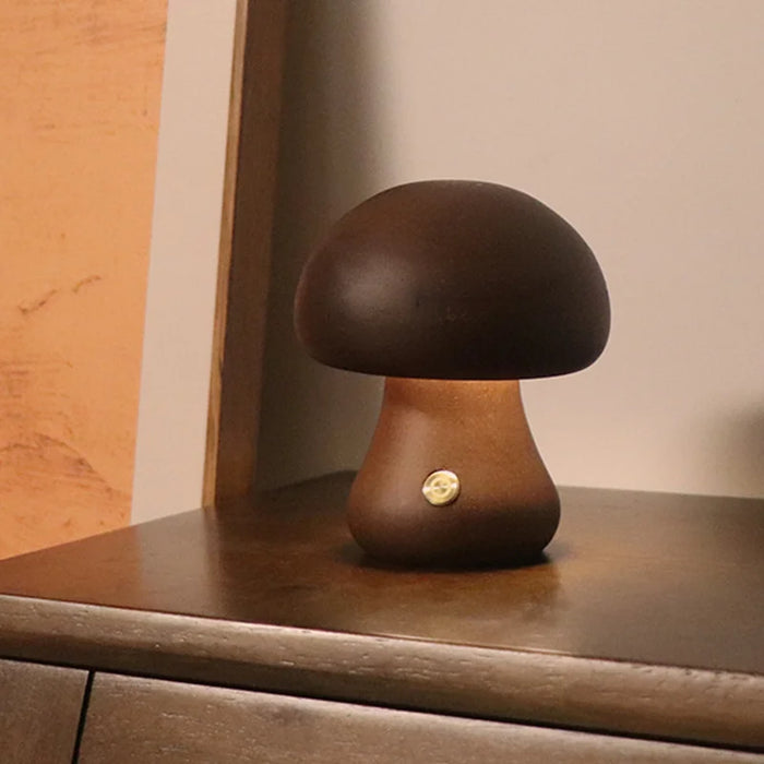 Cute Mushroom LED Night Light – Wooden Bedside Table Lamp with Touch Switch, Adjustable Brightness, and Portable USB Charging