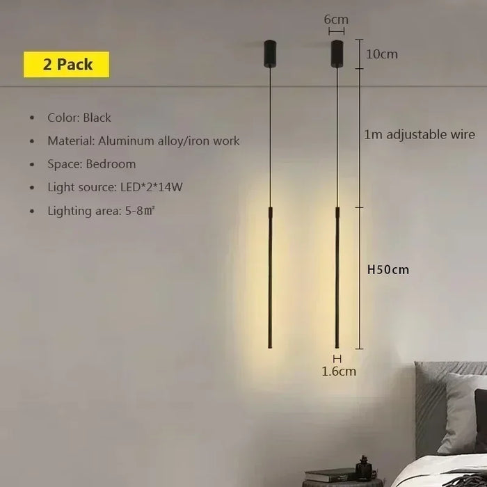 Modern LED Long Pendant Light – Dining Room, Bedroom, Bedside Hanging Lamp – White & Black Line Lighting Fixtures for Home & Hotel Spaces