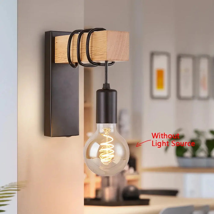 Retro Wood LED Wall Lamp – Vintage E27 Industrial Loft Light for Bedroom, Bathroom & Restaurant
