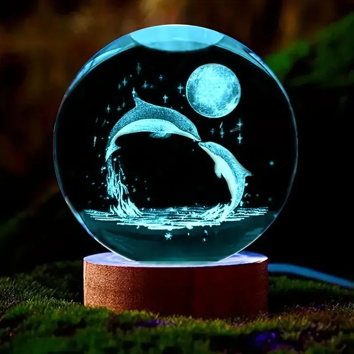 3D Dolphin Moon Crystal Ball Lamp – Laser Etched Marine Animal Night Light for Bedroom & Living Room Decor