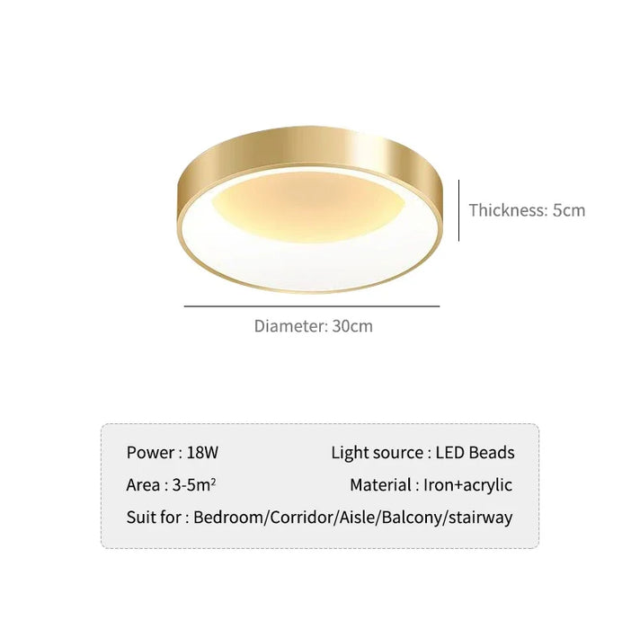 Modern LED Ceiling Light – Dimmable Gold Surface-Mounted Lamp for Master Bedroom, Study, Balcony, and Corridor