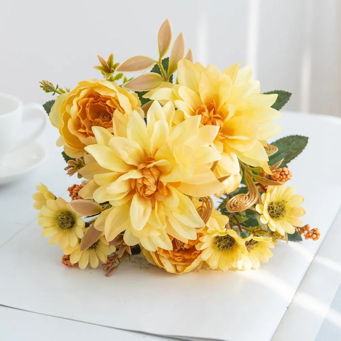 1Pc Artificial Silk Dahlia, Rose & Daisy Flower Bouquet – Wedding, Party, Home Decoration – DIY Floral Arrangement for Bridal Bouquets