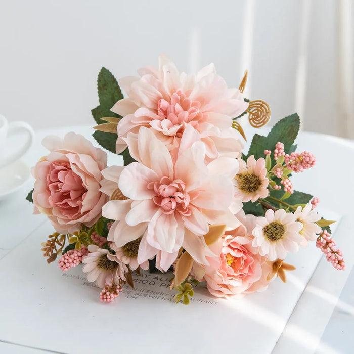 1Pc Artificial Silk Dahlia, Rose & Daisy Flower Bouquet – Wedding, Party, Home Decoration – DIY Floral Arrangement for Bridal Bouquets