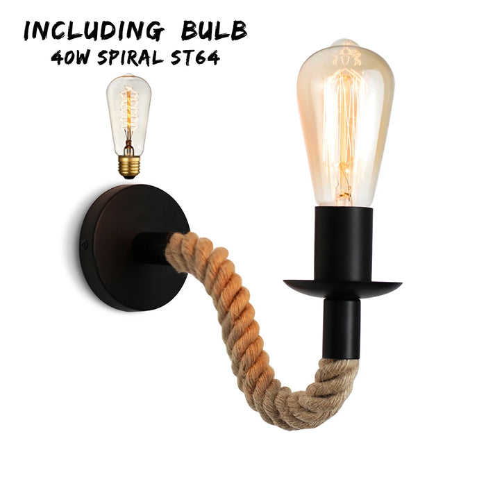 Vintage Hemp Rope Industrial Wall Lamp – E27 Retro Loft Wall Light Fixture for Bedroom, Living Room, Kitchen, and Bathroom