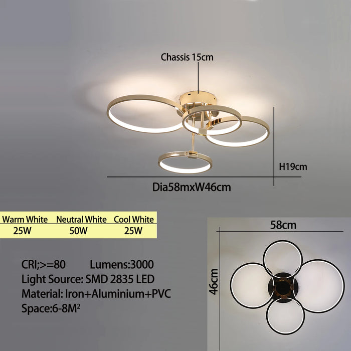 Modern Dimmable LED Ceiling Light – 4/6 Ring Chandelier with Remote Control, Adjustable Color Temperature for Living Room, Bedroom, and Dining Room