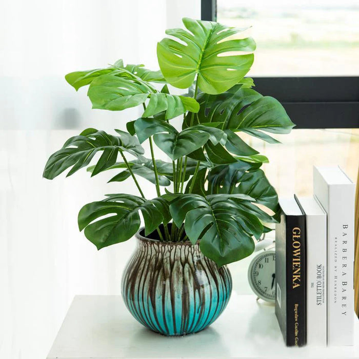 Artificial Monstera Tree – 43cm Tropical Faux Palm Plant with Green Plastic Evergreen Leaves for Home, Garden & Party Décor