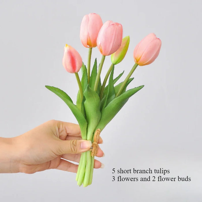 5 Short Pole Tulips Artificial Bouquet – Soft Rubber Silk Tulips for Home Decoration, Weddings, and Photography Props