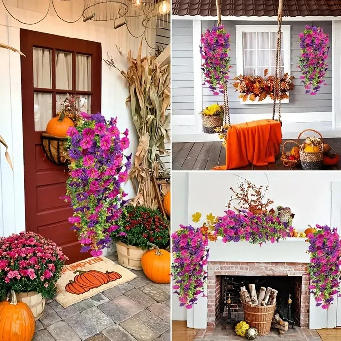 2PCS Artificial Morning Glory Hanging Flowers – Fake Petunia Flowers for Outdoor Garden, Home Decor, and Wedding Decorations