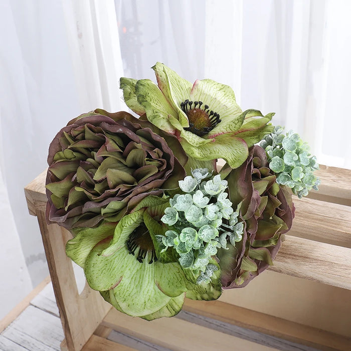 Artificial White Silk Flowers - Nordic Peony & Anemone Bouquet for Wedding, Home Decor, DIY Scrapbook, and Party Decoration