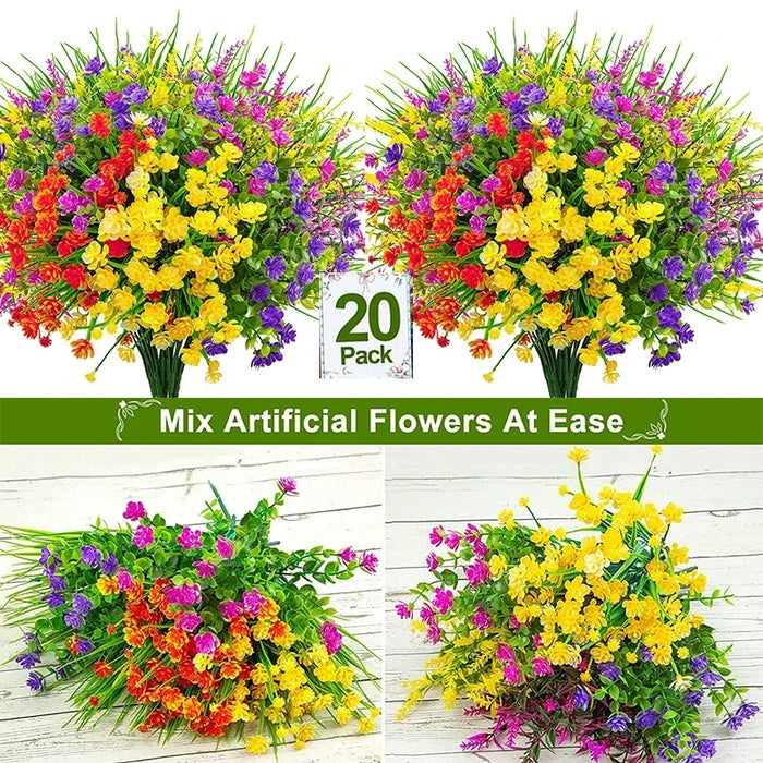 20 Bundles UV Resistant Outdoor Artificial Flowers – Faux Plastic Flowers for Home, Garden, and Wedding Décor
