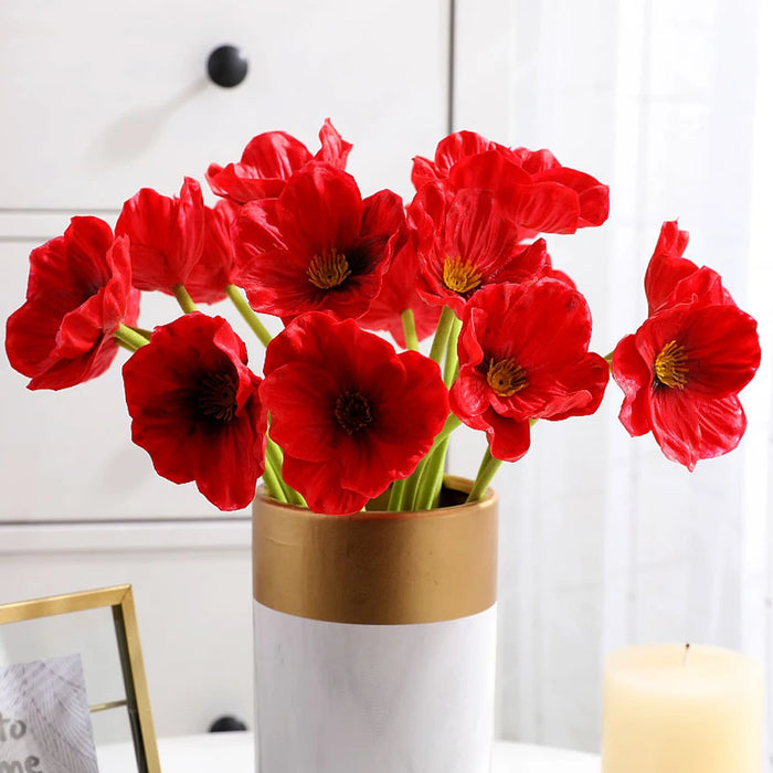 8Pcs Artificial Poppy Flowers – Faux PU Poppies with Long Stems for Wedding and Home Decor, Multicolor Greenery Plants