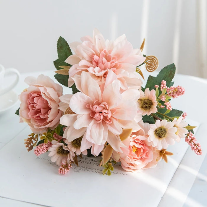 1Pc Artificial Silk Dahlia, Rose & Daisy Flower Bouquet – Wedding, Party, Home Decoration – DIY Floral Arrangement for Bridal Bouquets