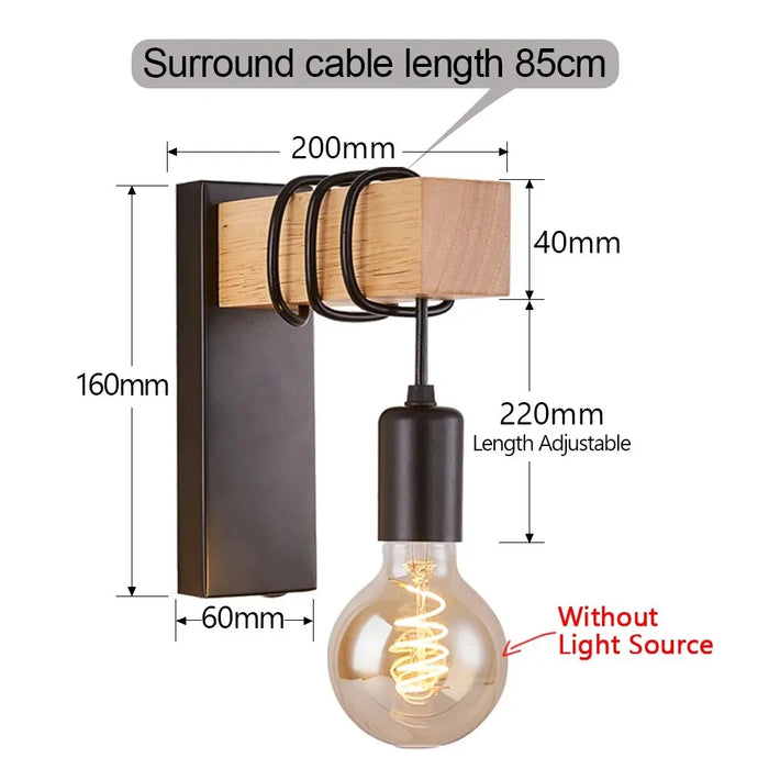 Retro Wood LED Wall Lamp – Vintage E27 Industrial Loft Light for Bedroom, Bathroom & Restaurant