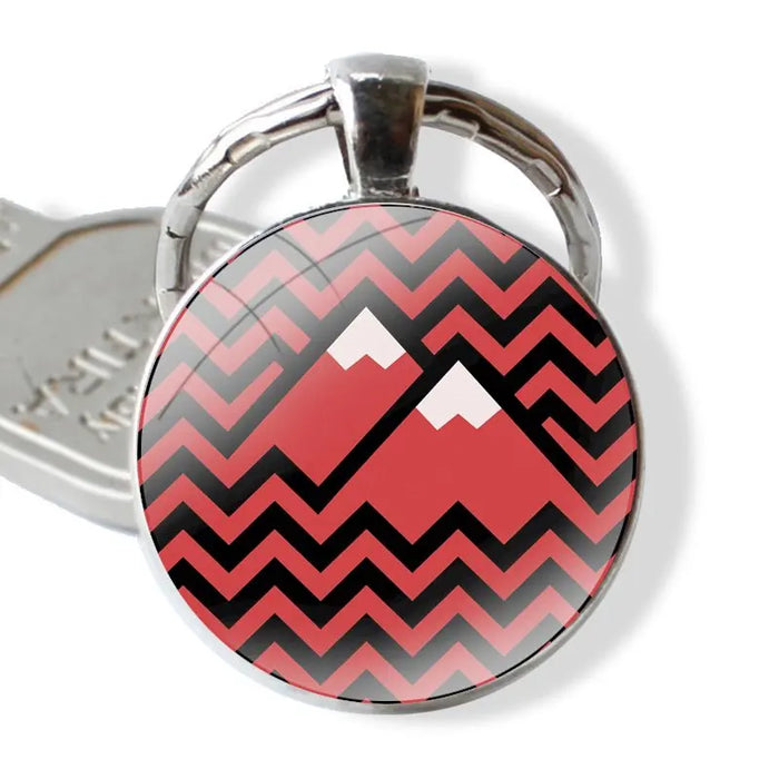 Handmade Glass Cabochon Keychain – Modern Geometric Design, Twin Peaks Black and White Pendant Key Ring Holder