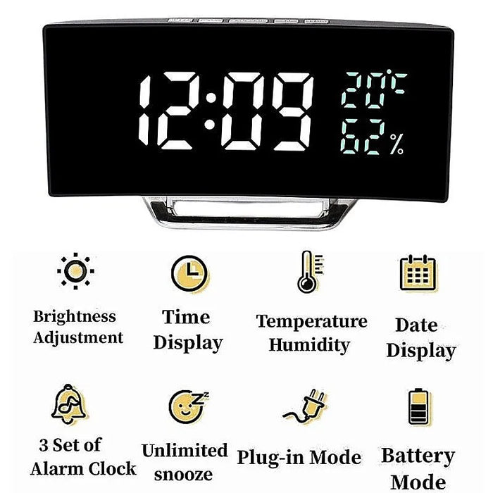 Digital Mirror Alarm Clock – LED Display with Temperature, Humidity, 2 Brightness Levels, Snooze, Night Mode & 12/24H Switch