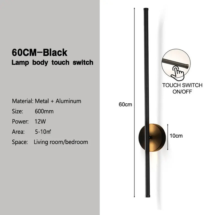 Black Dimmable LED Wall Lamp with Touch Switch – 360° Rotatable Wall Sconce for Bedroom, Living Room, and Indoor Spaces