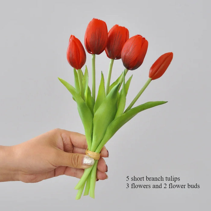5 Short Pole Tulips Artificial Bouquet – Soft Rubber Silk Tulips for Home Decoration, Weddings, and Photography Props