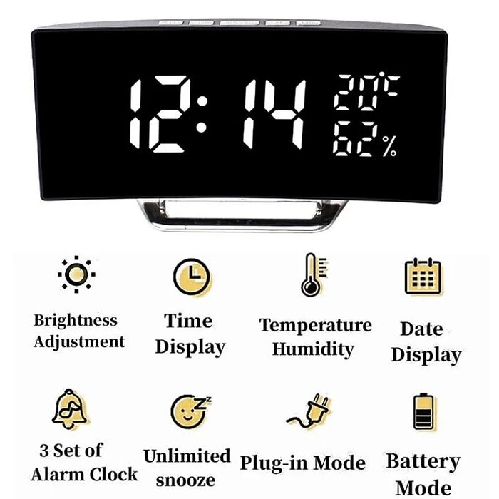 Digital Mirror Alarm Clock – LED Display with Temperature, Humidity, 2 Brightness Levels, Snooze, Night Mode & 12/24H Switch