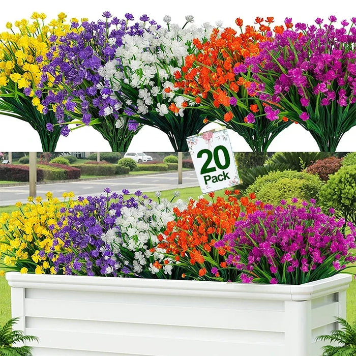 20 Bundles UV Resistant Outdoor Artificial Flowers – Faux Plastic Flowers for Home, Garden, and Wedding Décor