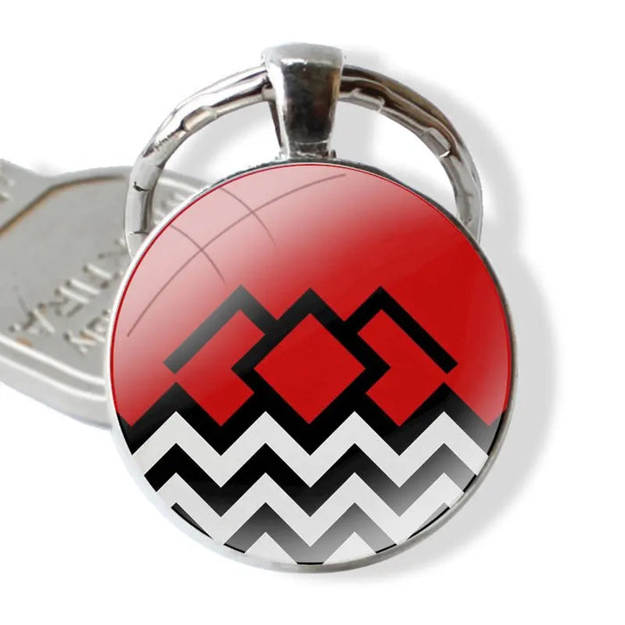 Handmade Glass Cabochon Keychain – Modern Geometric Design, Twin Peaks Black and White Pendant Key Ring Holder