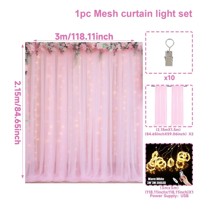 Set of 2 Tulle Backdrop Curtains with Lights – Wedding, Party, Baby Shower, and Photo Shoot